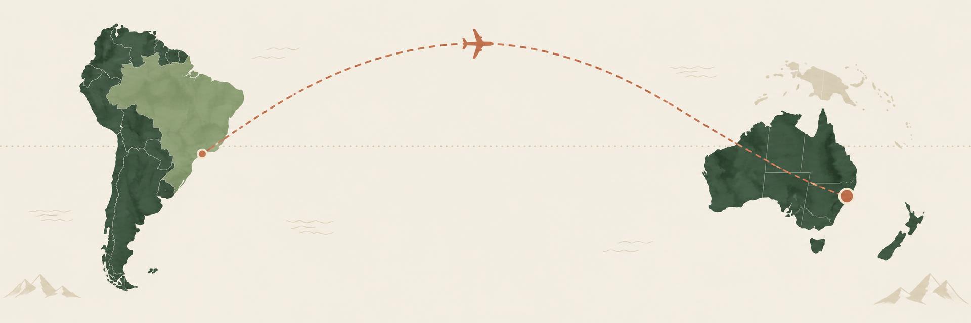Ilustração do voo de avião do Brasil até a Austrália