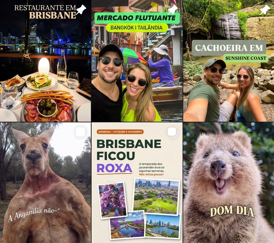 Publicações do Bora Viver: restaurante em Brisbane, mercado flutuante na Tailândia, cachoeira, canguru, jacarandás e quokka